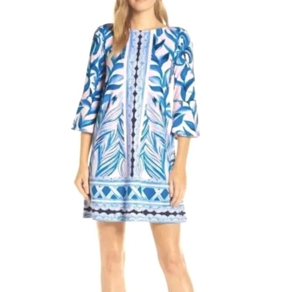 Lilly Pulitzer Medium Palm Print Dress Blue White Bell Sleeve A-Line Knee Length